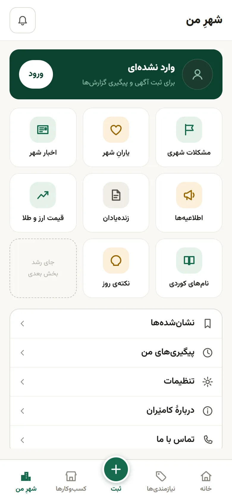 تب شهرِ من: میانبر اخبار، یارانِ شهر، مشکلات شهری، قیمتها، زندهیادان و نامهای کوردی